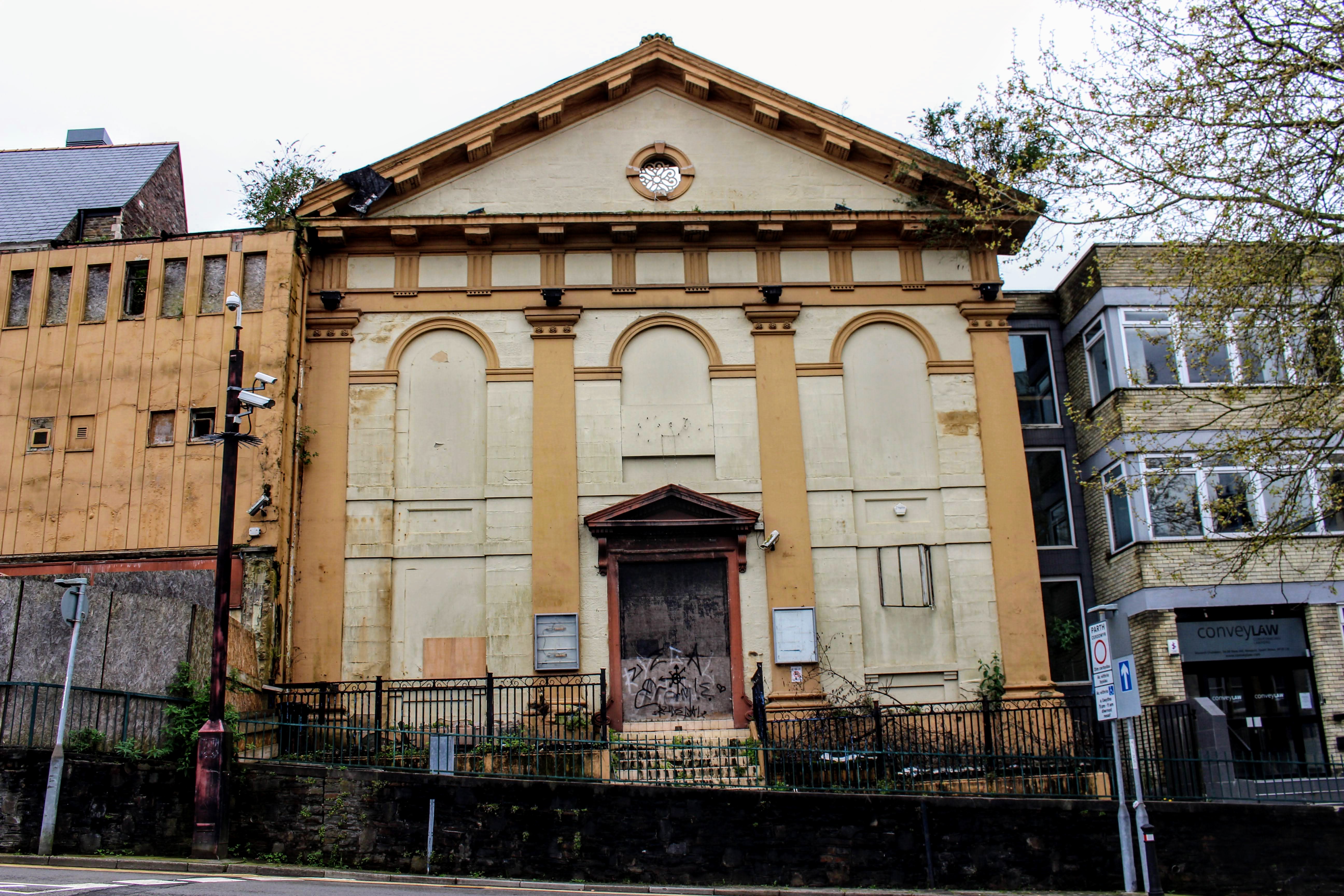 facade of the derelict and burnt Zanzibar club in Newport